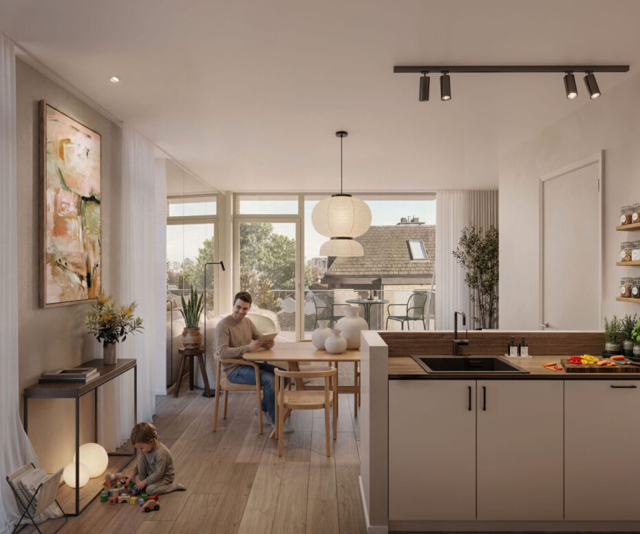 vue du sajour depuis la cuisine, scène familiale avec un enfant qui joue observé par son père