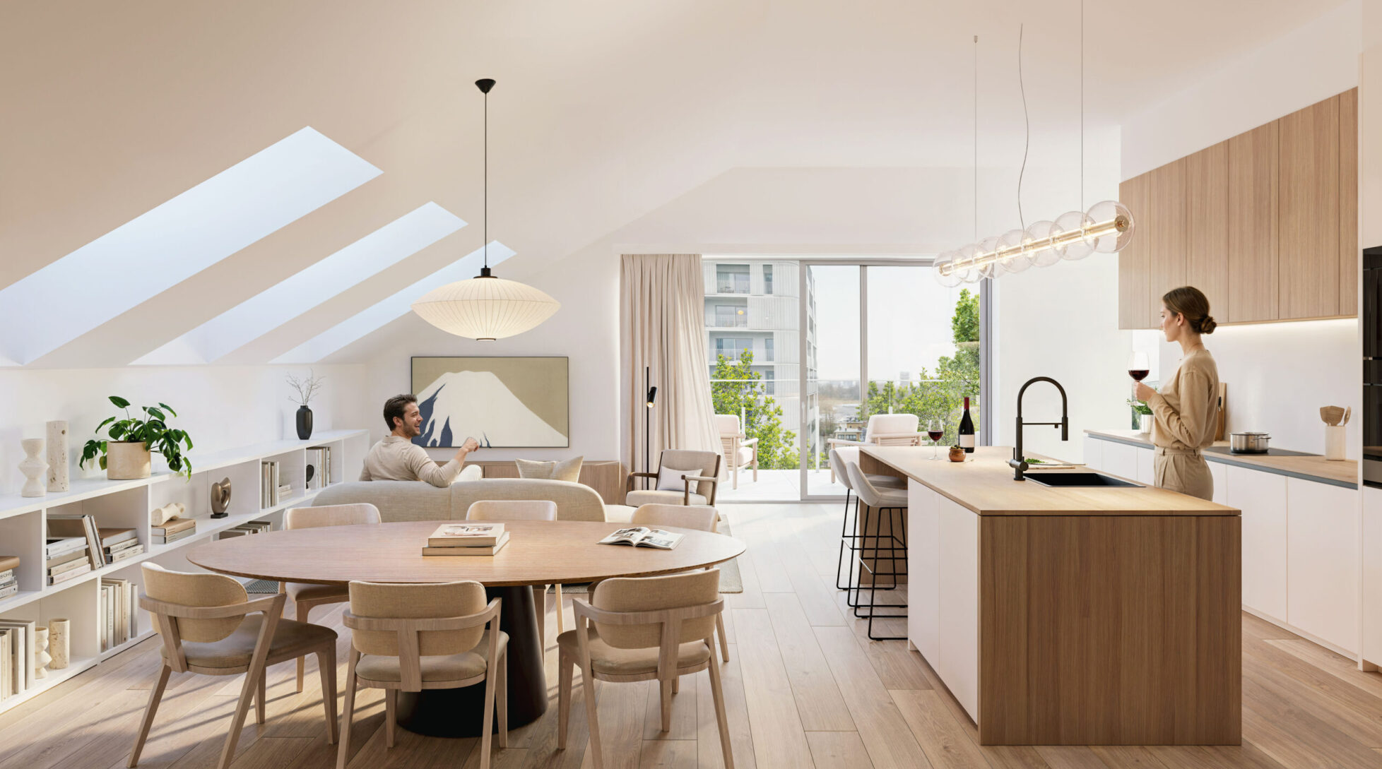 Vue d'un séjour: salle à manger, cuisine, salon avec une terrasse