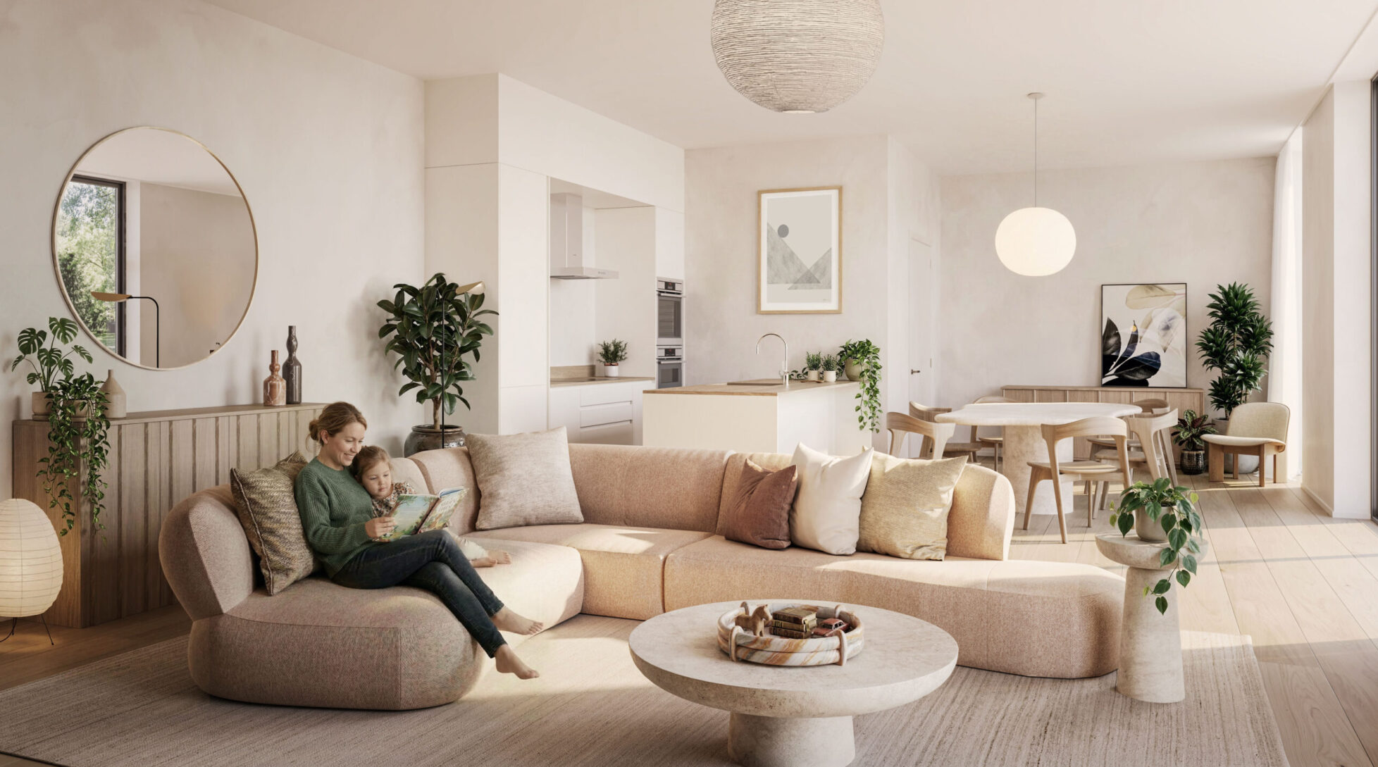 Vue d'un salon avec une mère et sa fille lisant un livre dans le fauteuil